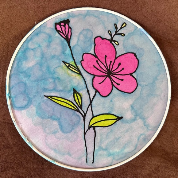 Handmade Silk Painting Art Piece - Hawaiian Flower Vibrant Colors Tie Dye Effect - Picture 6 of 13